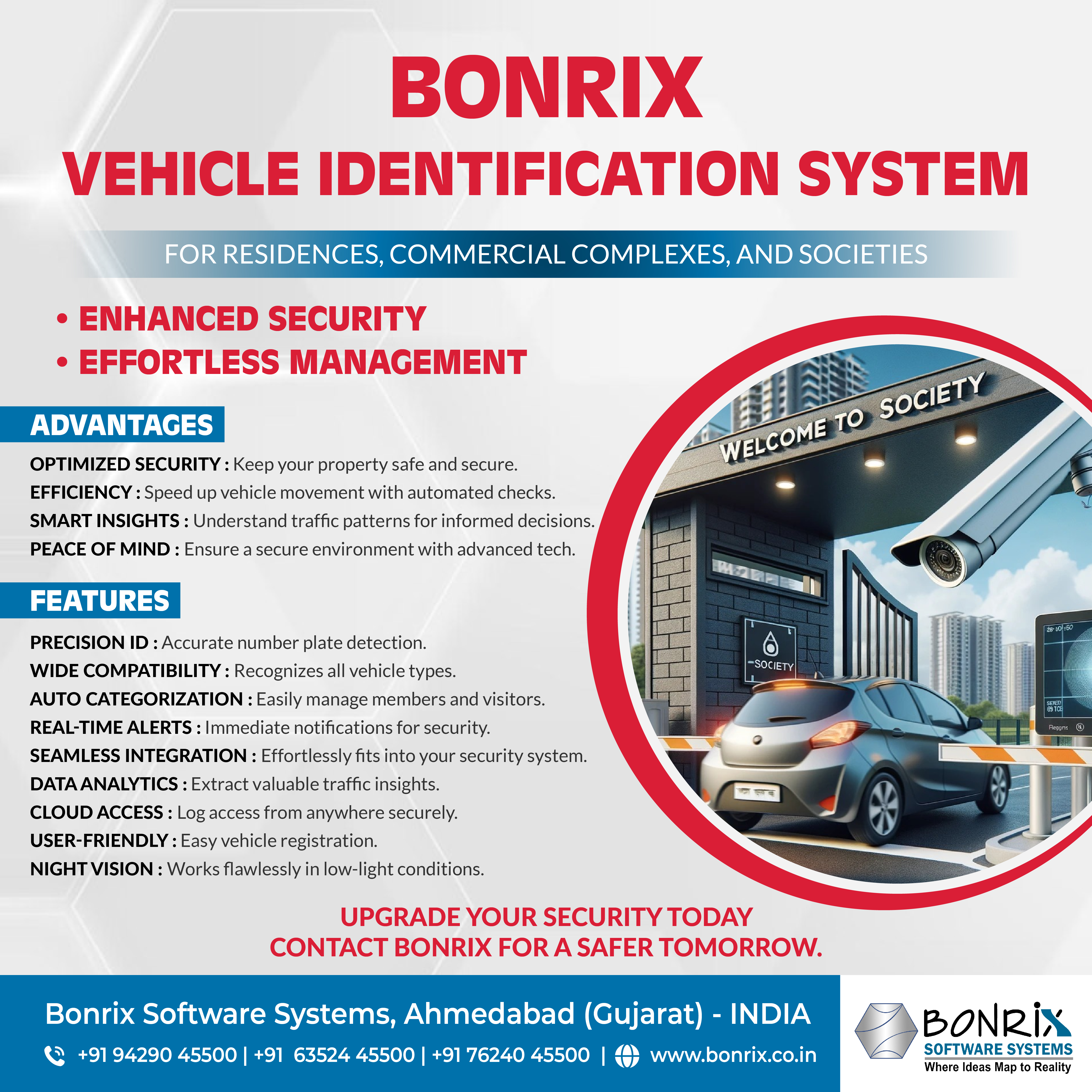Bonrix Vehicle Identification System for residences, commercial complexes, and societies using vehicle number plate detection